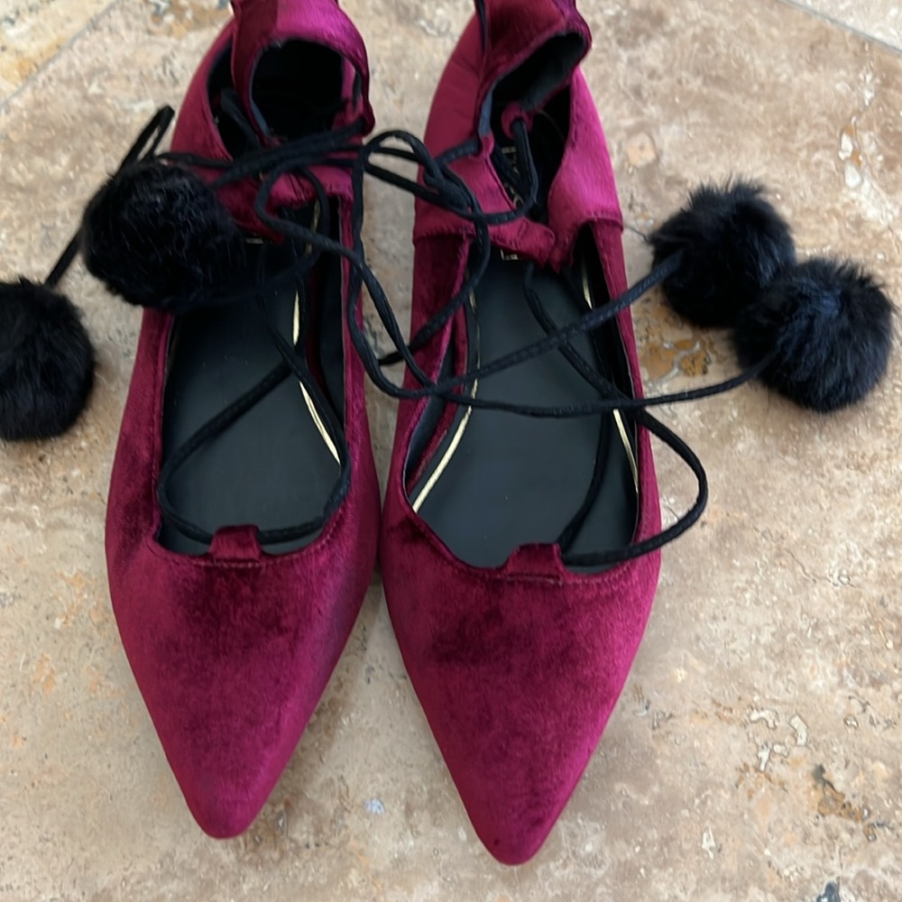 Topshop Ghilli Purple Velour Velvet Pointed Ballet Flats with Poms Ties - Picture 3 of 6